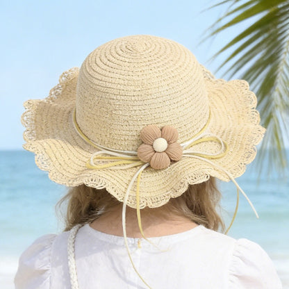 Kids' Paper Straw Hat with Lace Trim & Flower, Adjustable Strap