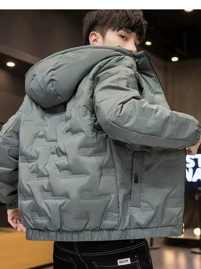 Տղամարդու ձմեռային քամուց պաշտպանող բաճկոն, հաստացված, մեկուսացված, քոլեջի ոճի, գլխարկով վերարկու՝ կայծակաճարմանդով առջևի մասով, գրպաններով և լվացքի մեքենայով լվացվող - Միագույն՝ լեռնագնացության և բացօթյա գործունեության համար