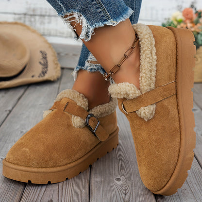 Women'S Warm Fleece-Lined Ankle Slippers, Solid Color, Round Toe, Fabric Upper/Inner, Rubber Sole, Cozy Winter Footwear
