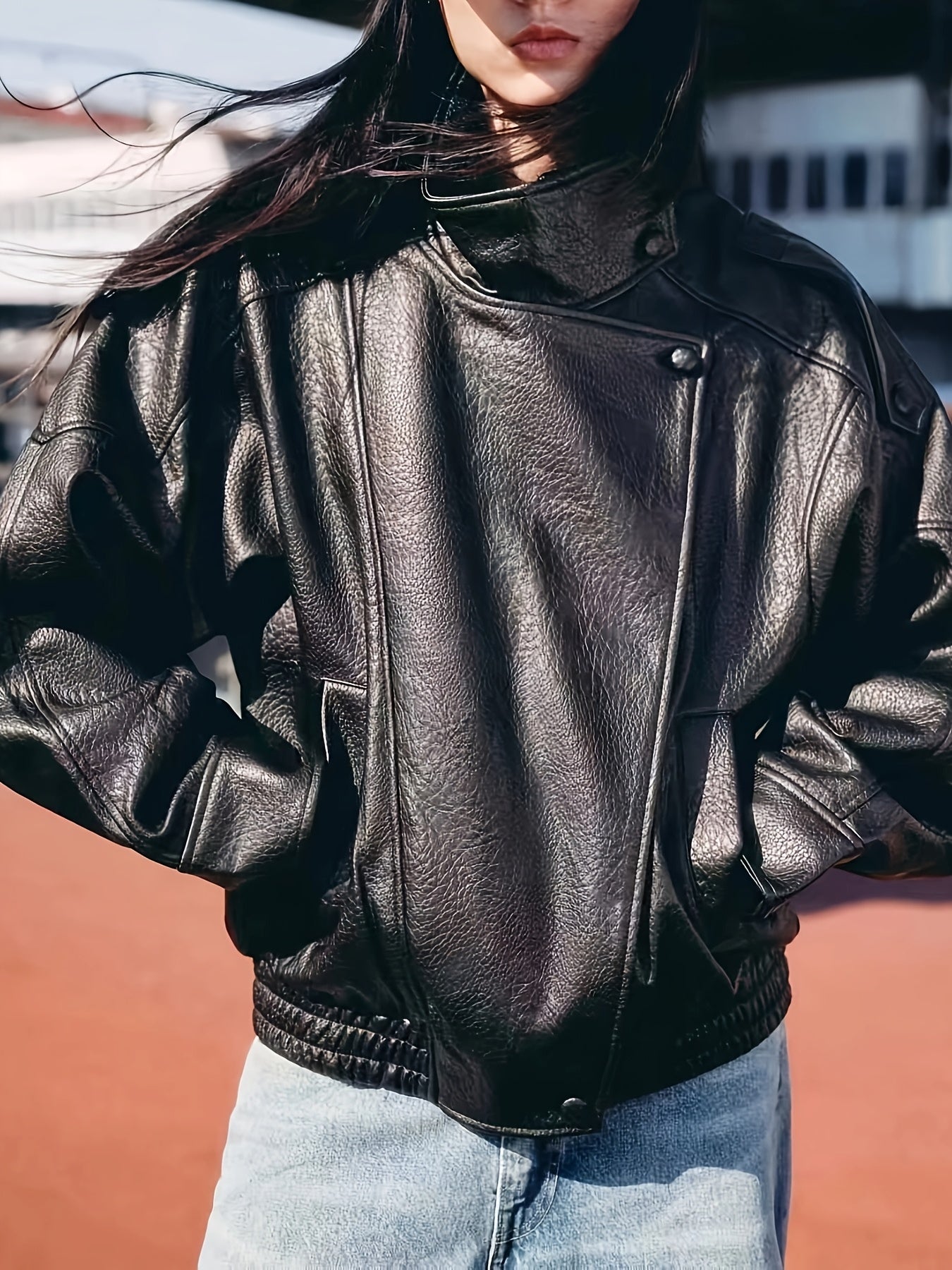 Oversized Vintage Faux Leather Biker Jacket with Buckle Collar