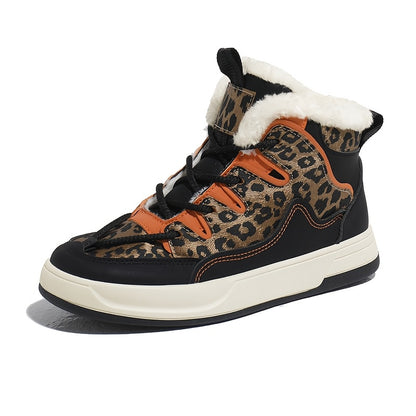 Women'S Stylish Leopard Print Winter Sneakers - Warm Fleece-Lined Casual Shoes with Thick PVC Sole, Black & Orange Design, Perfect for Fall/Winter Outdoor Activities, Winter Sneakers | Leopard Print Shoes | Durable PVC Sole