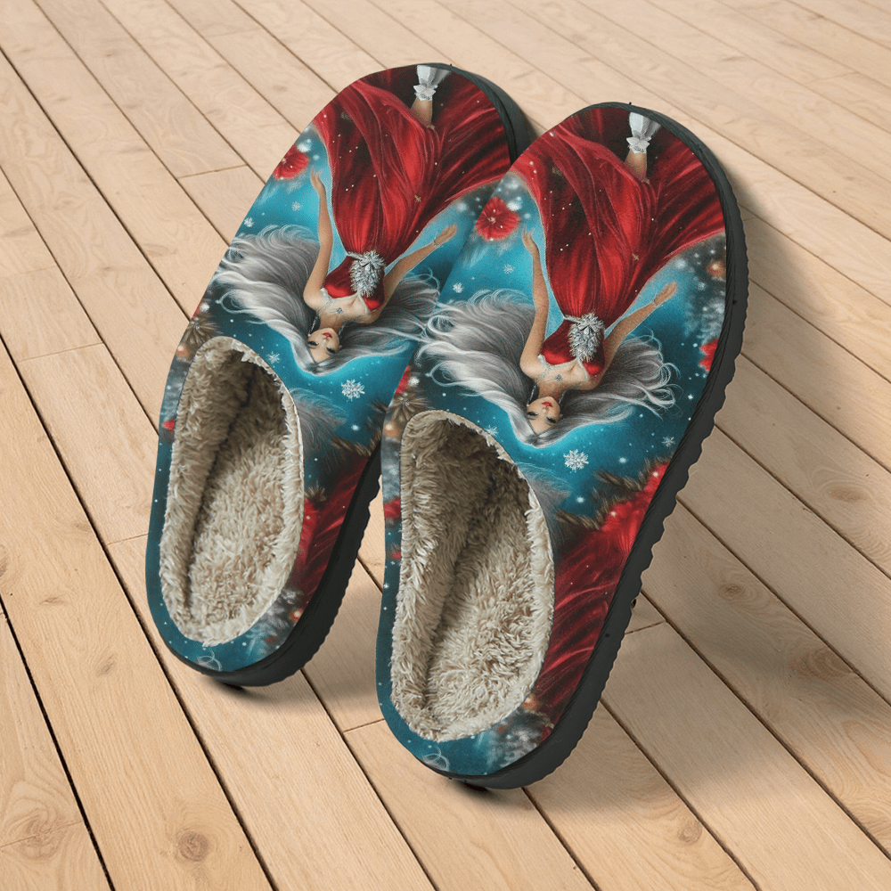 Women's Red Slippers with Red Dress Print - Winter Warm Soft Sole Slip-On Moccasins Suitable for Winter Parties, Christmas & New Year's Eve - Comfortable /Outdoor Footwear, European Style Fabric Upper & TPR Sole