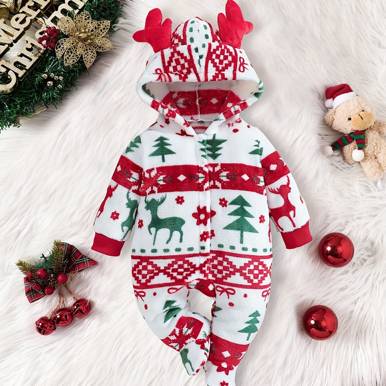 1pc Girls' Winter Warm Hooded Plush Outfit - Soft Long Sleeve Romper with Deer & Tree Pattern, Cozy Fleece Lined Leggings, Red & Green Holiday Design, for Outdoor, Christmas, New Year - Machine Washable, Perfect For Outdoor