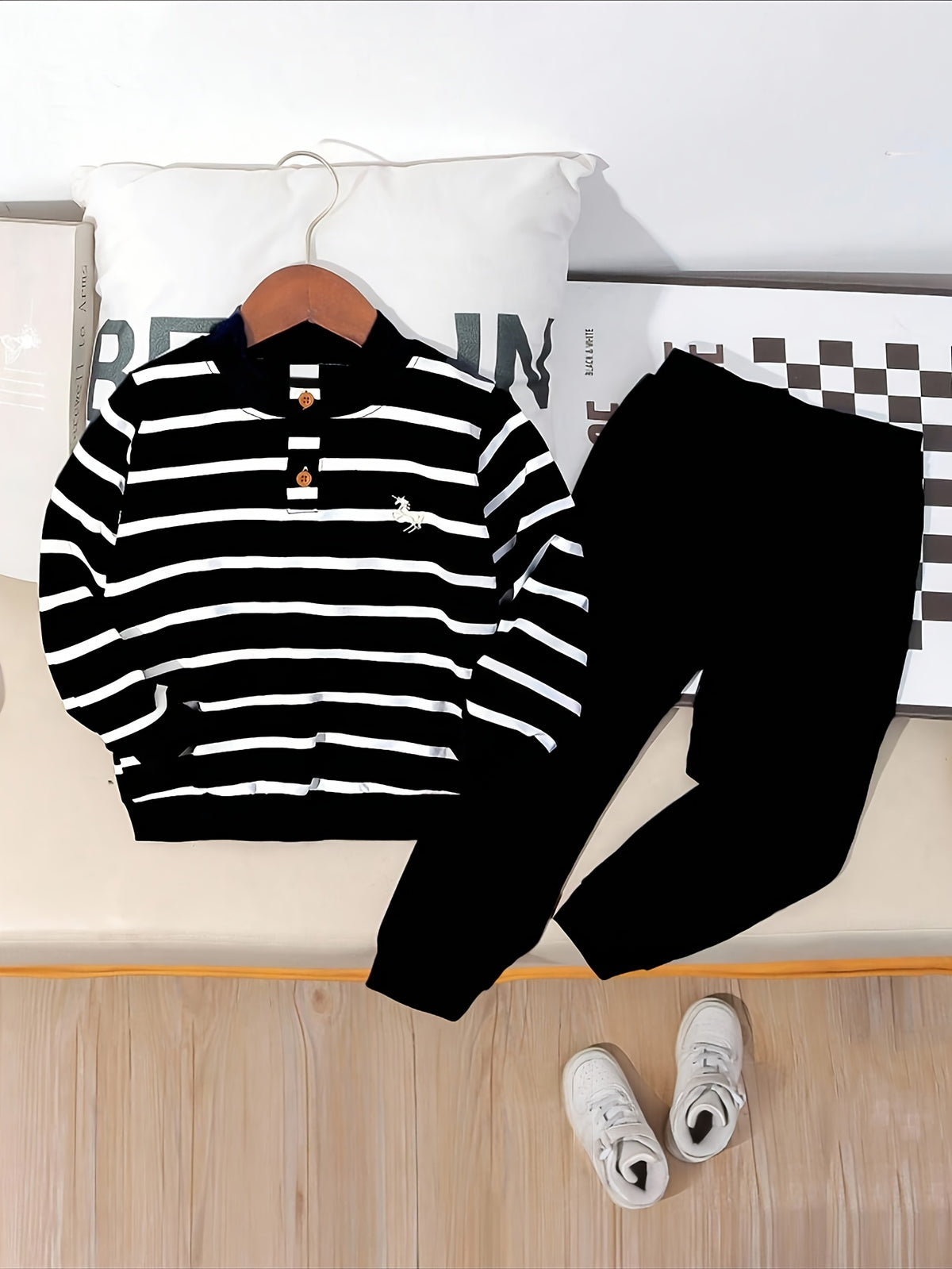 Boys Casual Blue White Striped Long-Sleeve Sweatshirt & Pants Set - ayq