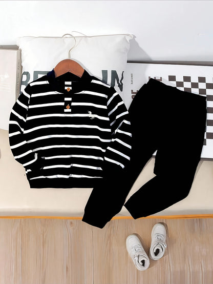 Boys Casual Blue White Striped Long-Sleeve Sweatshirt & Pants Set - ayq