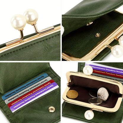 Women's Wallet Short Compact Three Layer LargeCapacity Retro Pearl Wallet High Quality PU Multi Card Seat/Coin ZeroWallet