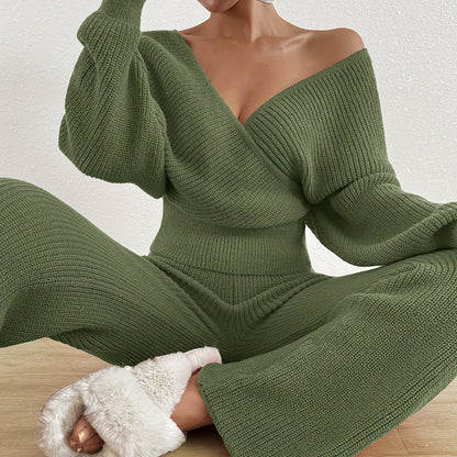 Կանացի աշնանային ձմեռային սվիտեր, V-աձև դեկոլտեով, անթև, պուլովեր և լայն տաբատ, էլեգանտ երկու մասից բաղկացած հավաքածու