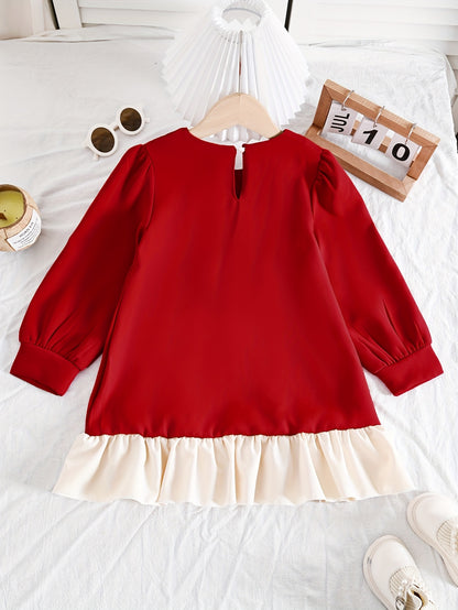 Girls' Elegant Burgundy Princess Dress with Bow & Ruffled Hem - Long Sleeve A-Line Party & Everyday Dress for Fall/Winter, Non-Stretchy Fabric, Perfect For Holiday Celebrations & Casual Outings, Princess Dress For Girls, Wint