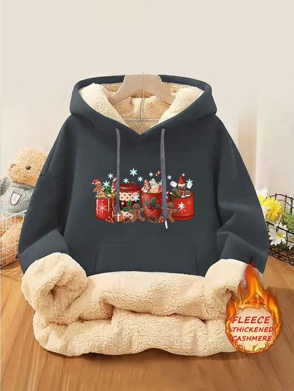 1pc Women's Thick-Lined Hooded Sweatshirt with Gingerbread for Man in Santa Hat & Candy Cane Print - Cozy Plush Lined, Soft Polyester Warm Pullover for Fall/Winter, Machine Washable Casual Outerwear, Cold Weather Wear, Minima