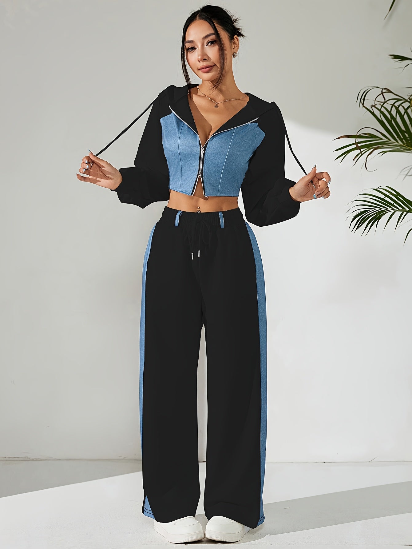 Women's Elegant Hooded Two-Piece Suit with Color Block Pants