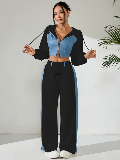 Women's Elegant Hooded Two-Piece Suit with Color Block Pants