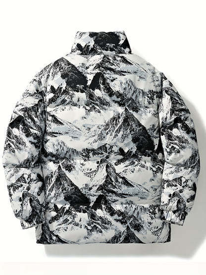 Men's Winter Mountain Camo Hooded Jacket with Insulating Polyester Fill - Stand Collar & Zippered Pockets, Machine Washable Outdoor Coat for Hiking, Camping, Casual Wear - White/Black/Gray (Regular Fit) by Ocean Muai Xing