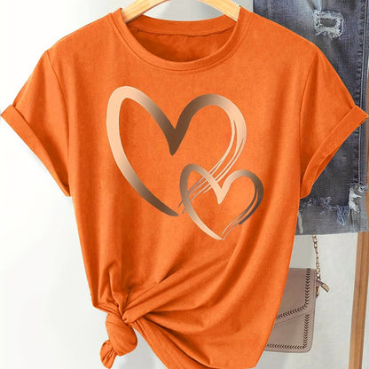 Chic Love Series Gradient Double Heart Graphic Tee for Women - Casual Retro Style, Round Neck Short Sleeve, Breathable Polyester, Machine Washable, in Black with Golden & White Hearts, Sizes S-XXL