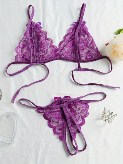 Sexy V-Neck Lace Floral Sexy Lingerie Bra Crotchless Panties, Women'S Sexy Lingerie, Free-To-Take Three-Point Lingerie Set, Suitable for Halloween, Christmas, Thanksgiving, Valentine'S Day, Give Gifts to Girlfriends And Surpr