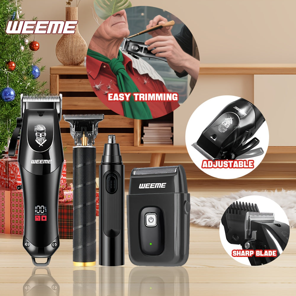 WEEME 4pcs Professional Hair Clipper Set for Men, Cordless Barber Clippers and Trimmer Kit, Electric Beard Trimmer and Nose Trimmer, Foil Shaver Men's Grooming Tool Kit, Christmas Gifts for Him (Black) - ayq