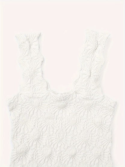 Women's Fashion Cami Tank Top With Jacquard Floral, Wide Shoulder Strap Square Neck Tank Top, Women's Activewear