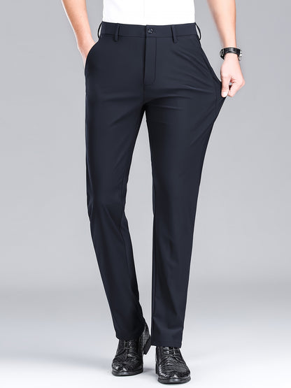 Men'S Navy Blue Straight Leg Dress Pants - Casual Style, Polyester Fabric with Slight Stretch, Mid Waist, Button Closure, No Belt, Regular Fit, Outdoor & Office Wear, Office Attire|Straight Leg Pants|Polyester Fabric