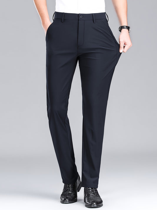 Men'S Navy Blue Straight Leg Dress Pants - Casual Style, Polyester Fabric with Slight Stretch, Mid Waist, Button Closure, No Belt, Regular Fit, Outdoor & Office Wear, Office Attire|Straight Leg Pants|Polyester Fabric