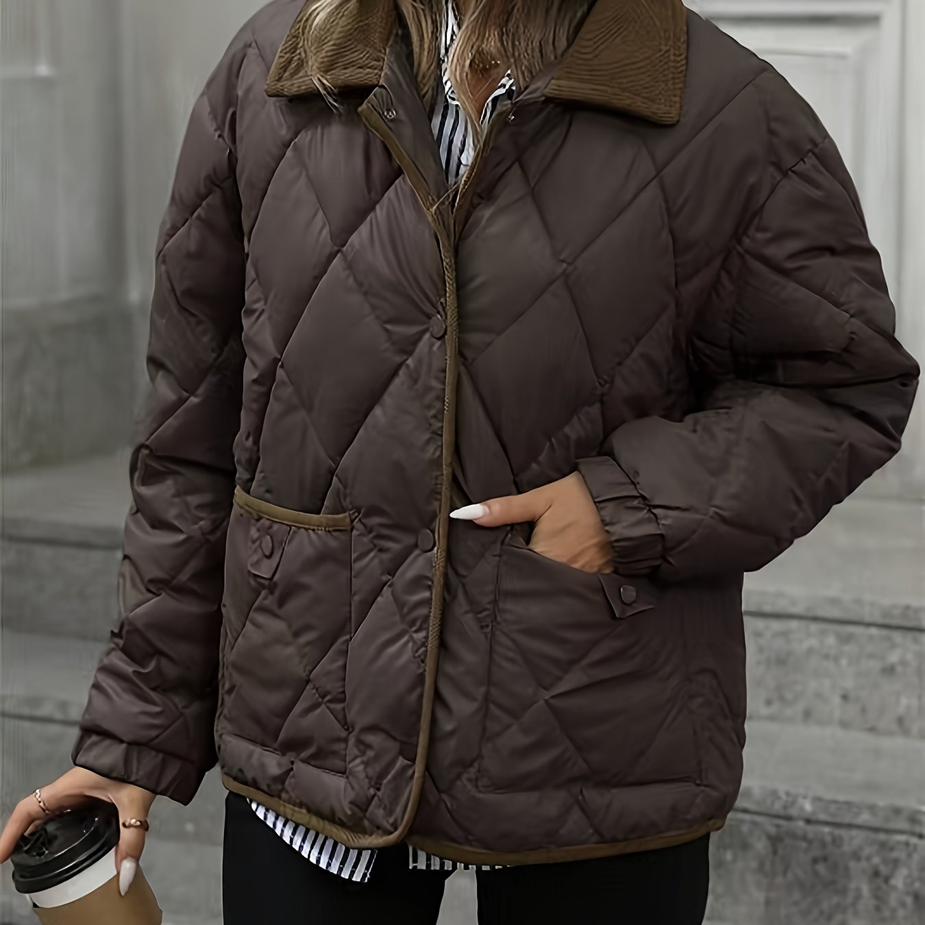 Ռոմբուսաձև նախշերով կանացի նորաձև վերնաշապիկ, օձիքով միահյուսված միաշերտ կարճ վերարկու, ձմեռ 2024, նորույթ, կոնտրաստային զարդանախշ, փոքր չափսի բաճկոն, նորաձև տաք, առօրյա վերնազգեստ, բարձր գնահատականներ ստացած