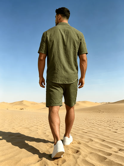 Men's Casual Linen Short Sleeve Shirt & Shorts Set for Summer