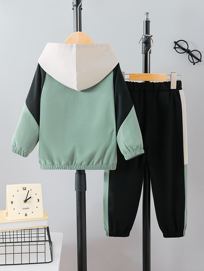 Boys' Casual Color-Block Hooded Jacket and Pants Set