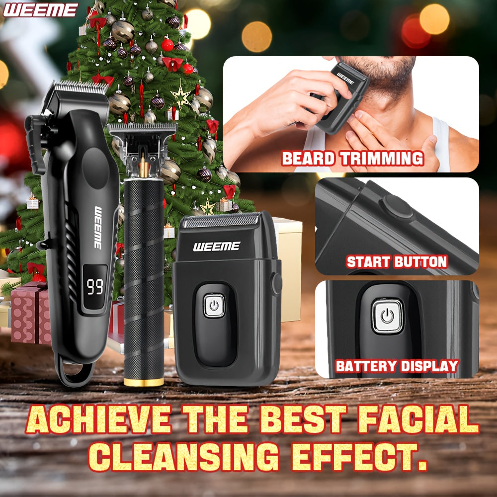 WEEME 4pcs Professional Hair Clipper Set for Men, Cordless Barber Clippers and Trimmer Kit, Electric Beard Trimmer and Nose Trimmer, Foil Shaver Grooming Tools, Luxury Christmas Gift Set for Him (Black) - ayq