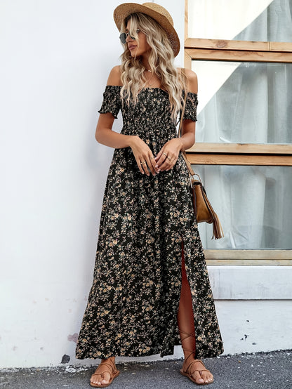 Floral Print Off Shoulder Dress, Elegant Short Sleeve Aline Dress For Spring & Summer, Women's Clothing