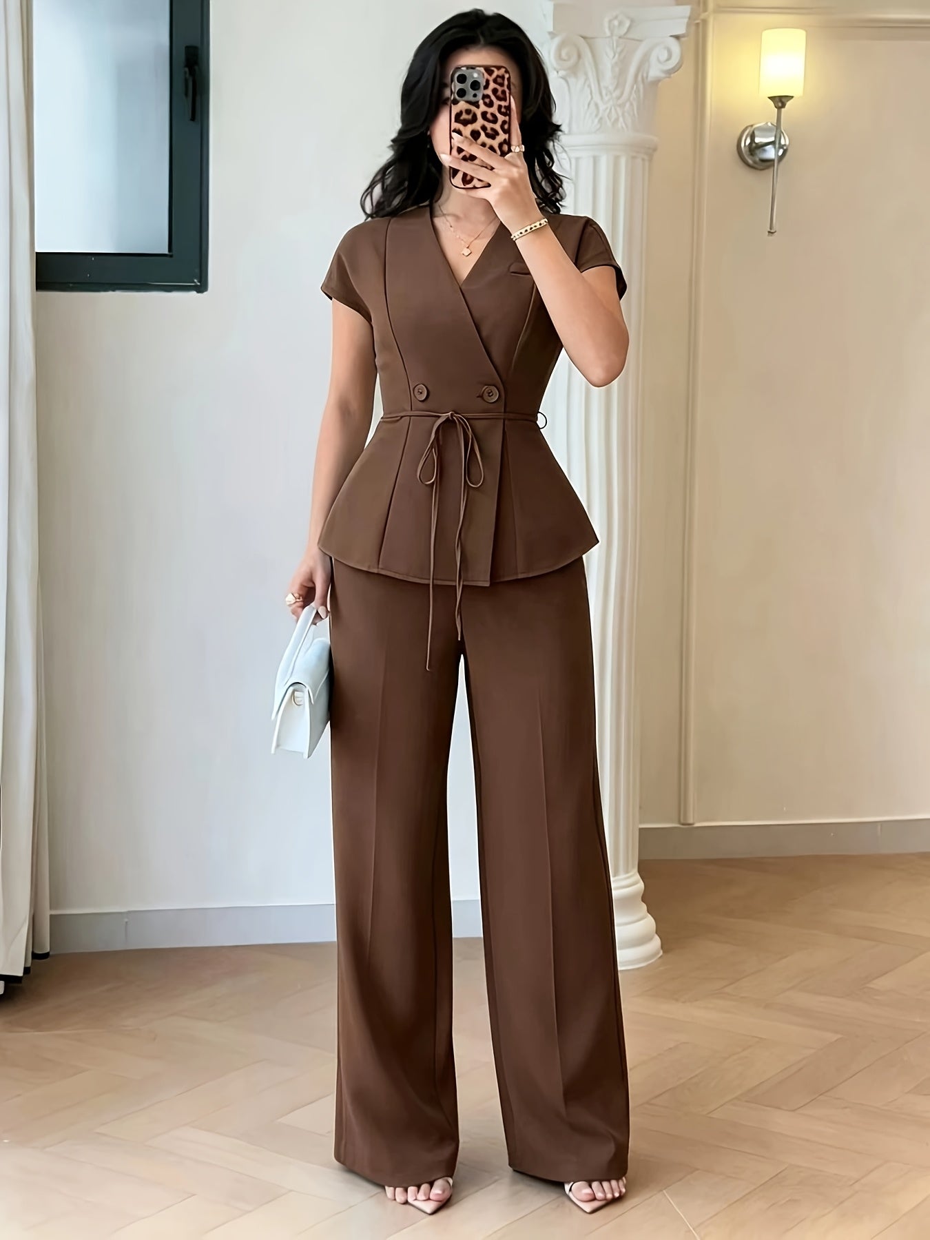 Women's 2-Piece Bell Sleeve Belted Casual Suit for Spring