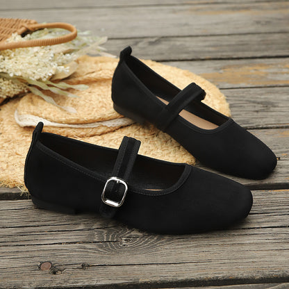 Women’s Retro Velvet Mary Jane Flats with Buckle Closure