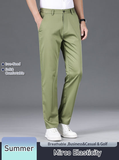 Men's Solid Color Straight Leg Business Style Cotton Blend Pants, Casual Comfy Breathable Outdoor Trousers As Gift