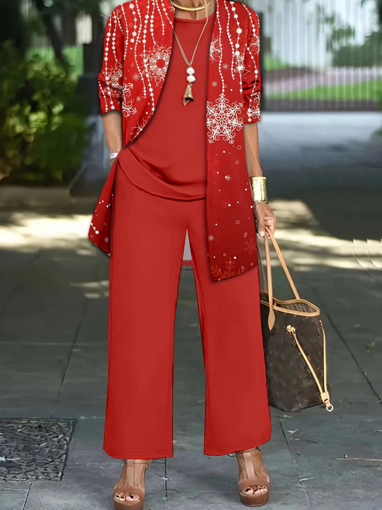 Red Base Pattern Print Top and Pants Three-Piece Set, Spring Summer Autumn Winter Versatile Fashion Full-Body Print Long Sleeve Jacket Solid Color Round Neck