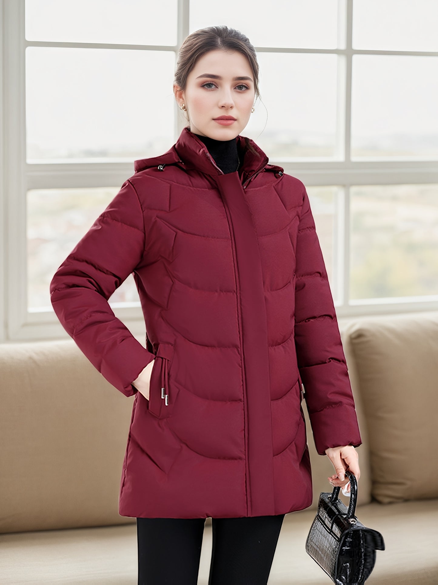 Կանացի էլեգանտ ձմեռային բաճկոն - Մազերի նման ուլունքաձև կոճակներով փակվող վերարկու, փքված չէ, ձեռքով լվացվող երկար թևքերով վերնազգեստ ցուրտ եղանակի համար (անկանոն և պաշտոնական) - սև բաճկոն առանց գոտու/պարագաների (պատրաստի կրելու), ձմեռային Ջա