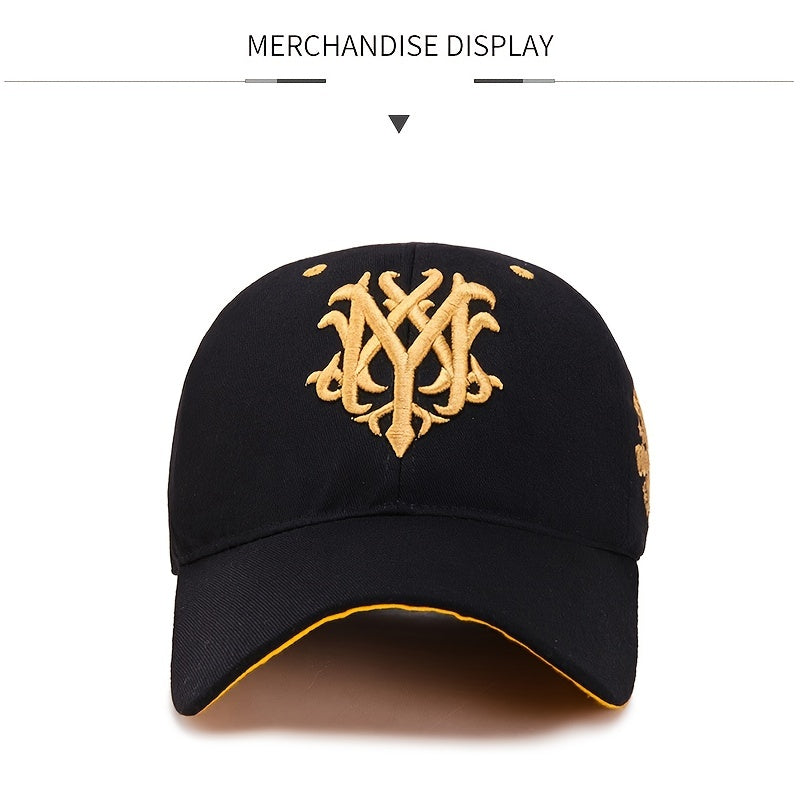 Men's Embroidered Letter Baseball Cap - Adjustable Snapback, Sun Protection, Rayon, Black with Golden Embroidery, Casual Sport Hat for All Seasons