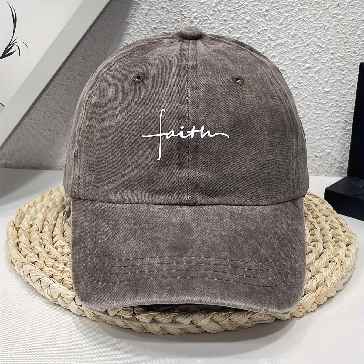 Vintage Street Style Water Wash Denim Polyester Baseball Cap, Faith Print, for Men, Women