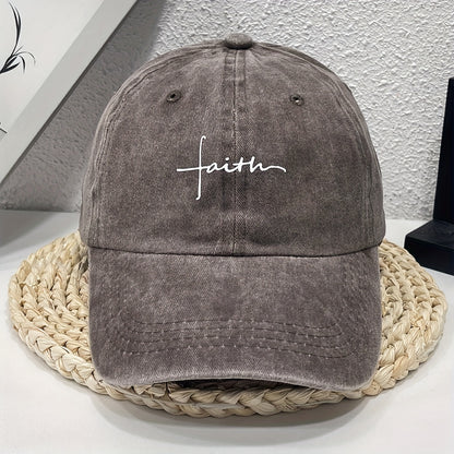 Vintage Street Style Water Wash Denim Polyester Baseball Cap, Faith Print, for Men, Women