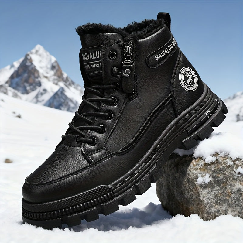 Men's Vintage Casual Fleece-Lined Snow Boots - Brown Faux Cover with Black Accents, Lace-Up Design, Thick PVC Sole for Winter & Fall, Round Toe Comfort, Everyday Winter Footwear, Winter Boots,  Style Boots, Durable Winter Foo