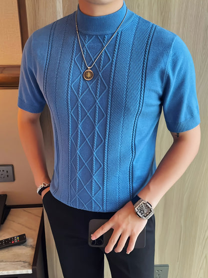 Men's New Solid Color Rhombus Fashion Semi-High Neck Knit Sweater, Spring/Summer Casual Short Sleeve Knit Top - ayq