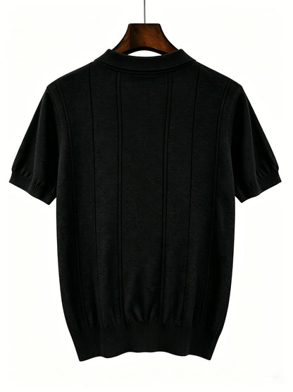 Men's Slim Fit Vertical Stripe Knit Polo Shirt with Lapel Collar