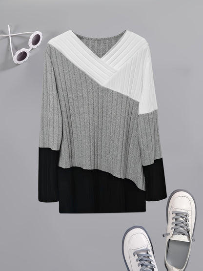Elegant Color Block V-Neck սվիտեր կանանց համար - Ձգվող պոլիեսթեր, մեքենայով լվացվող, կատարյալ գարնան և աշնան համար