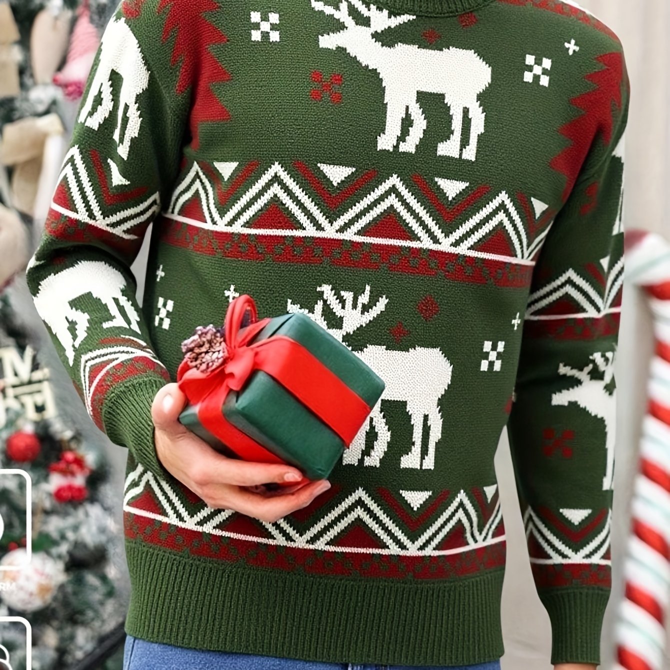 Men'S Winter Sweater - Christmas Deer & Snowflake Sweater with Red & Green Holiday Colors, Loose Fit Casual Knitwear, Drop Shoulder Long Sleeve Pullover, Soft Warm Winter Sweater for Christmas, Knit, Sweater For Men, Men Clot