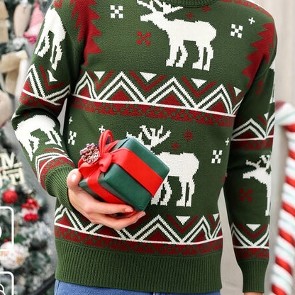 Men'S Winter Sweater - Christmas Deer & Snowflake Sweater with Red & Green Holiday Colors, Loose Fit Casual Knitwear, Drop Shoulder Long Sleeve Pullover, Soft Warm Winter Sweater for Christmas, Knit, Sweater For Men, Men Clot