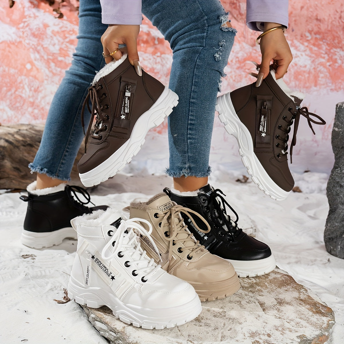 Կանացի ձմեռային ձնագնացքներ - Տաք երեսպատված, չսահող, բարձրակրունկ արտաքին ցանկացած առիթի համար կոշիկներ, ռիբավորված մեղմացնող ներդիրով, սև, իդեալական են ցուրտ եղանակի համար, ձմեռային կոշիկներ | Ոճային ձմեռային կոշիկներ | Դիմացկուն կոշիկներ