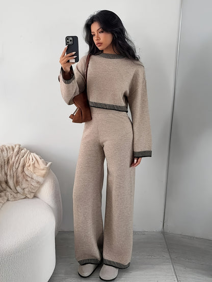 Women's Fall/Winter 2-Piece Crew Neck Top & High-Waist Pants Set