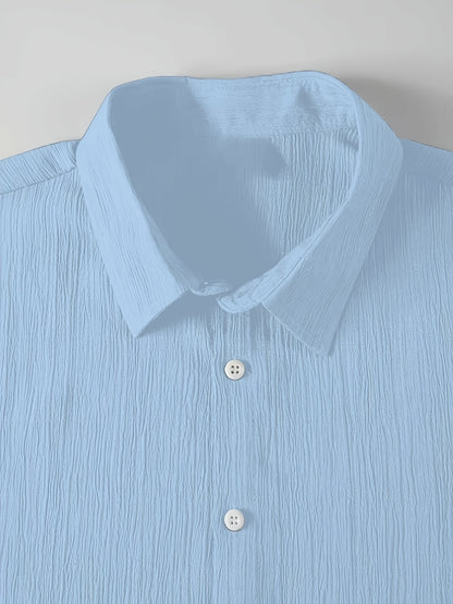 Men's Casual Button-Front Shirt with Lapel Collar, Lightweight Polyest
