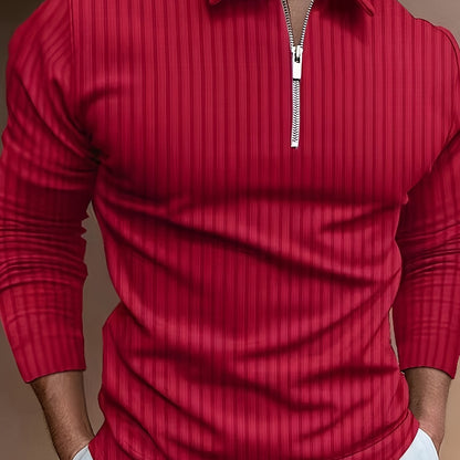 Men's Casual Sports Ribbed Long Sleeve Zipper Lapel Golf Shirt, Spring And Fall