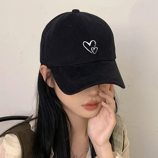 1pc Women's Adjustable Baseball Cap with Love Heart Print - Black Casual Sun Hat for Travel, Vacation & Casual Attire, Breathable Polyester Knit Design