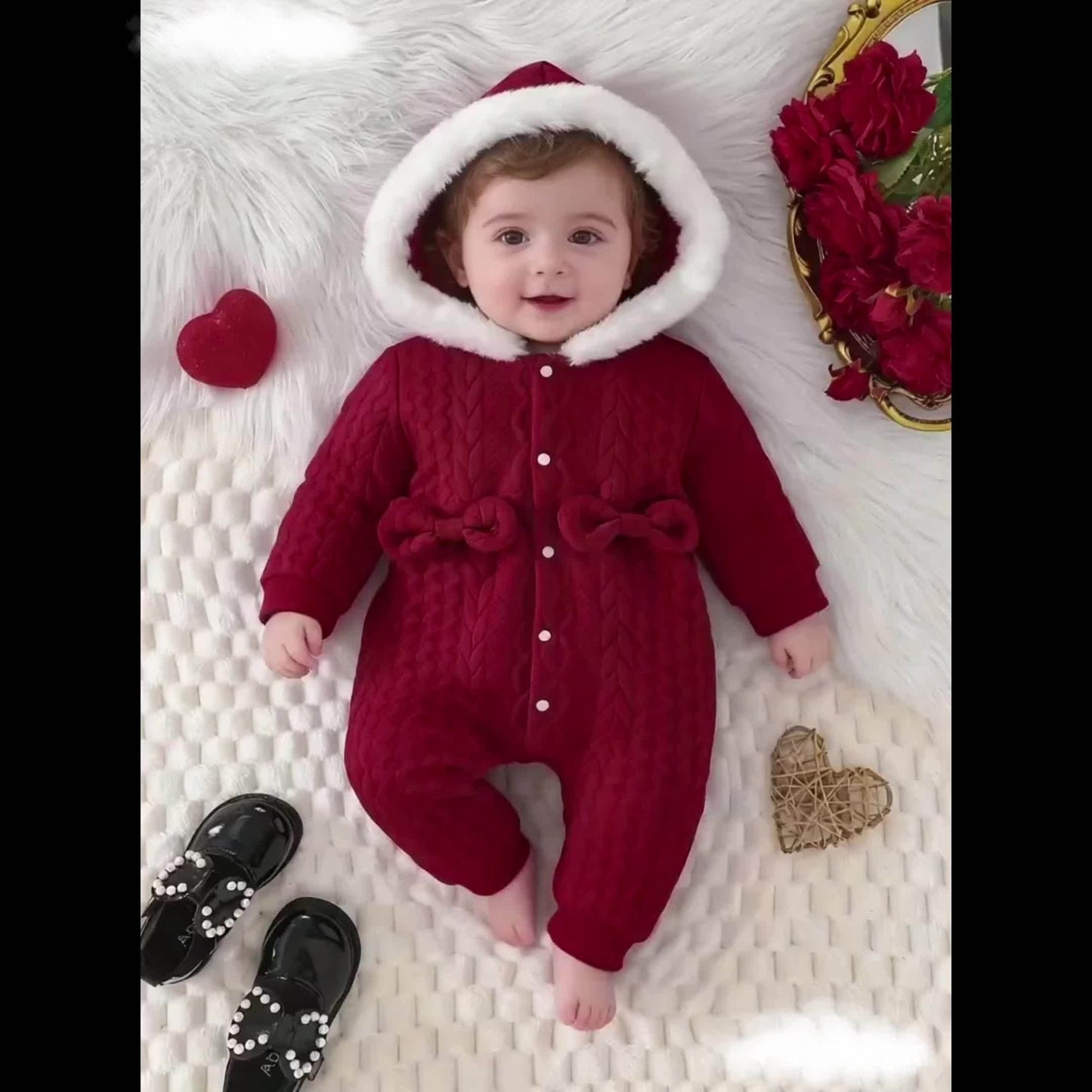 Baby Girl'S Cute Thickened Knit Romper with Hood and Bow Accent, Perfect for Outdoor Christmas and Autumn/Winter Wear, P101924, Perfect for Outdoor Christmas And Autumn/Winter