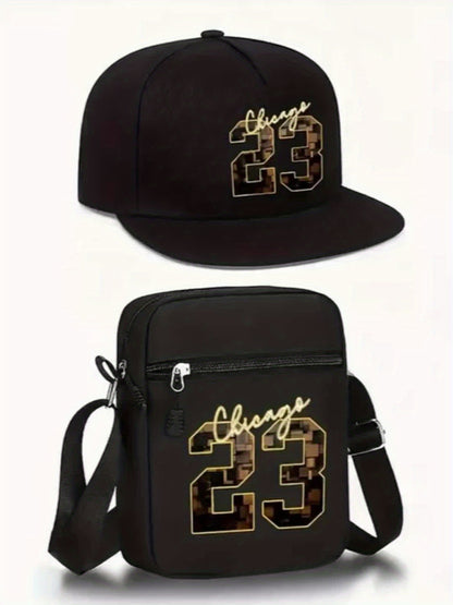 2pcs Chicago 23 Golden Print Baseball Cap & Crossbody Bag Set - Adjustable Snapback Hat with Black Mesh Back, Streetwear Style for Outdoor Sports, Casual Wear - Perfect Gift for Men, Chicago 23 Logo, Mesh Back Hat, Urban Fash