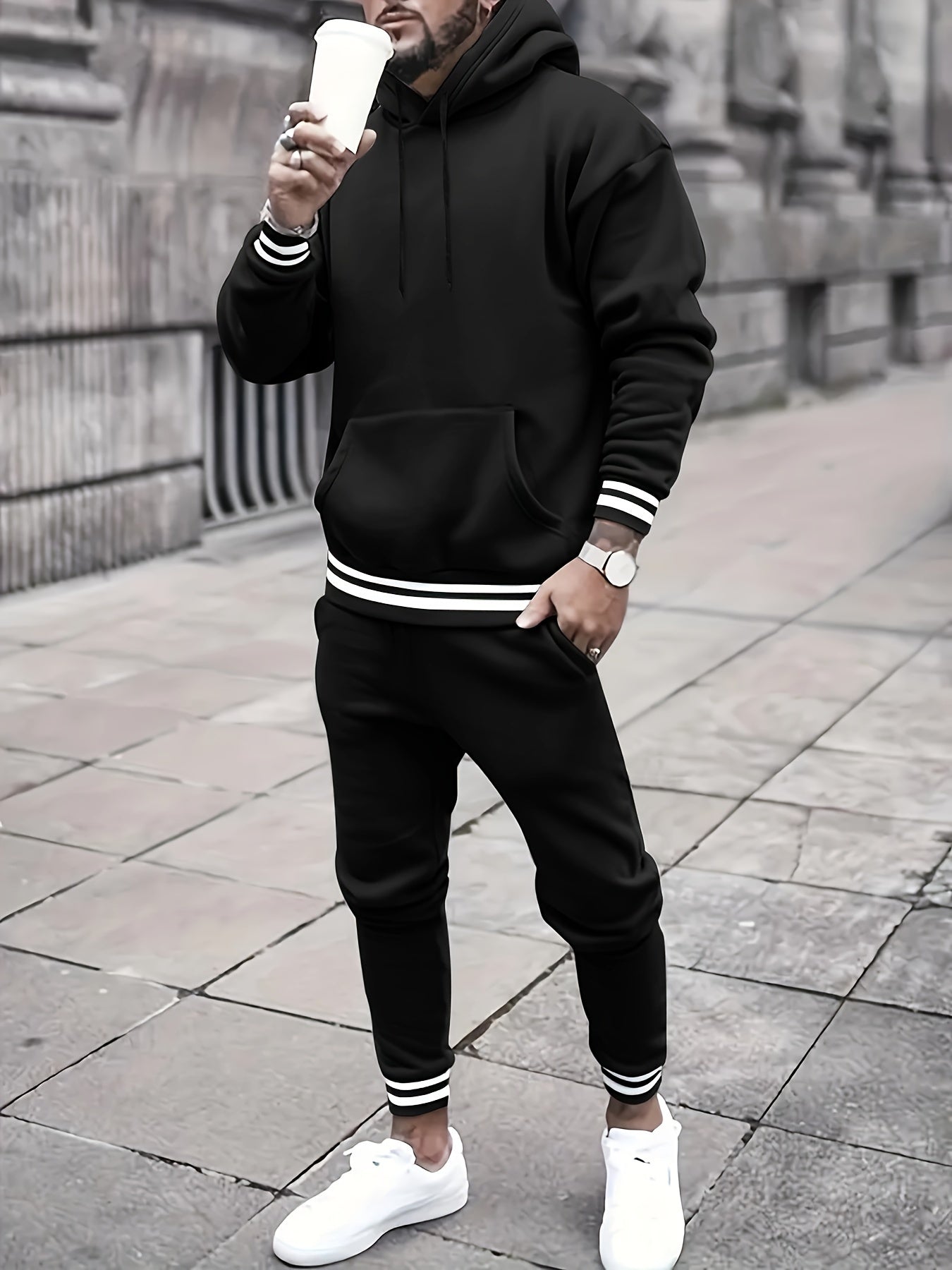 Men's Solid Color Hooded Casual Sportswear Set - ayq