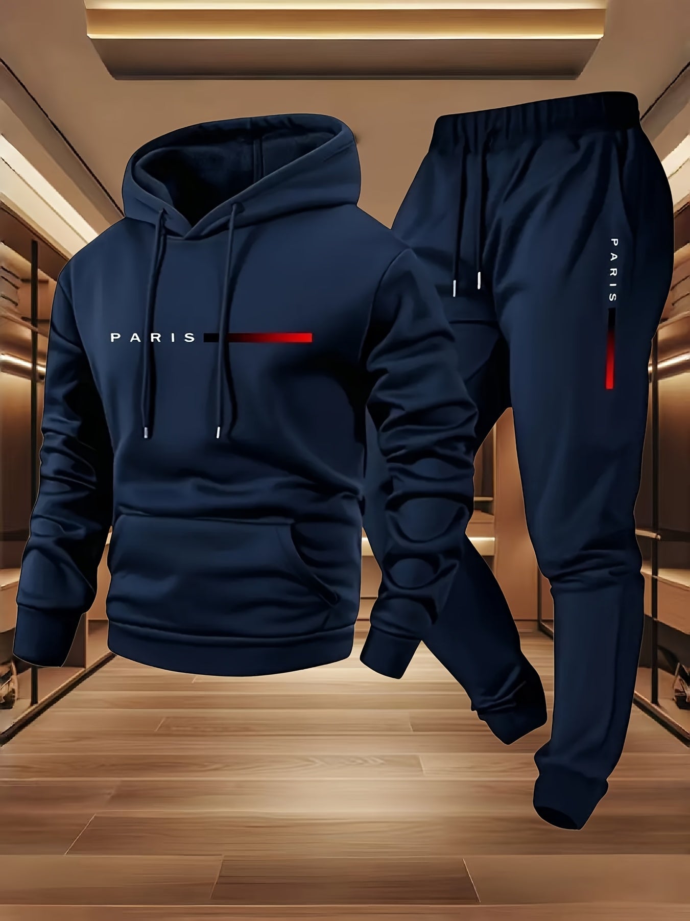 Halloween Men'S Hoodie with PARIS Lettering And Drawstring Sweatpants Set, a Must-Have Outfit for Autumn And Winter, Perfect for Everyday Outdoor Wear - ayq